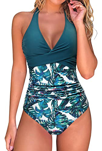 RXRXCOCO Badeanzug Damen Bauchweg Push Up Shape Bademode Neckholder Badeanzug Rückenfrei Blau Blumig Size L