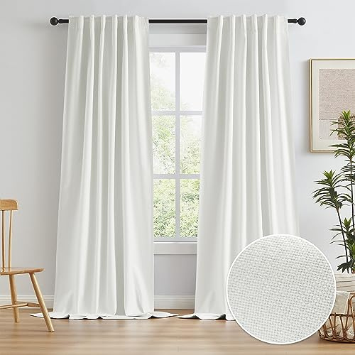 Linen Look Natural Blackout Curtain Panels 126 Inches Long 10.5 Feet Custom Length, Textured Drapes for Living Room Back Tab Loop Pocket Rustic Farmhouse Boho (Ivory, 50W x 126L, 1 Pair)
