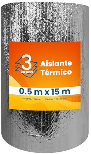 PILBELLES Aislante Térmico Reflexivo de Aluminio y Burbujas Triple Capa 0.5x15 m (7.5 m²) | Ventanas, Radiadores, Cajón Persianas, Puertas, Camper, Buhardilla, Uso Industrial, Viviendas