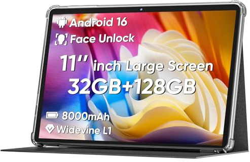Tablet Android 14 aggiornato 2025, tablet PC da 11 pollici, supporto Face Unlock, CPU Octa-core, espansione 12 GB+128 GB+1 TB, batteria grande da 8000 mAh, ricarica rapida da 18 W, WiFi6, BT5.0