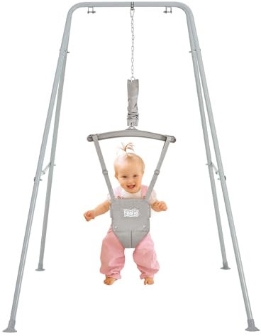 FUNLIO Baby Jumper with Stand for 6-24 Months, Infant/Outdoor Play, Toddler Jumper for Baby Girl/Boy, Adjustable Chain, Easy Assembly & Storage - Grey
