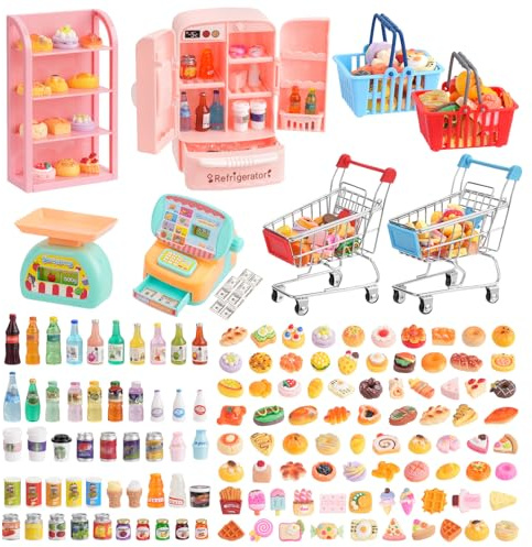 165Pcs Mini Carrello della spesa Cestino in miniatura Cibo Bevanda Giocattolo Supermercato Metallo Carretto a Mano Scaffali Registratore di Cassa Frigorifero Scala Alimento Trolley Dollhouse Negozio