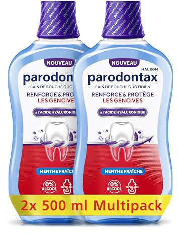 PARODONTAX - Bain de Bouche Quotidien à l'Acide Hyaluronique - Renforce & Protège les Gencives - Combat les Bactéries de la Plaque Dentaire - 0% Alcool - Menthe Fraîche - 2 x 500 ml