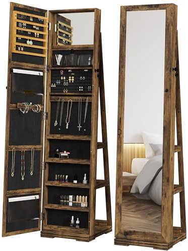 HOMCOM Armoire à Bijoux pivotante verrouillable boîte à bijoux avec Miroir - Armoire Bijoux Multi-Rangement - en Bois Brun Rustique