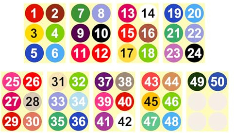 PATIKIL 1 to 50 Number Stickers 4 Inch, Consecutive Vinyl Round Labels Self-Adhesive Dot Colored Decals for Inventory Classification Storage Box Organizing, Multicolor