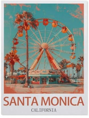Jigsaw Puzzle 1000 Piece，Santa Monica California Vintage Travel Poster，Classic Puzzle DIY Kit Wood Toy Unique Gift Home Decor（75x50cm）-CG35