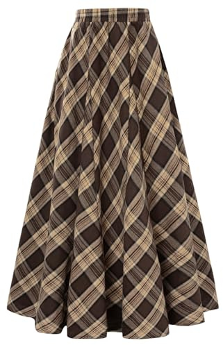 Long Plaid Skirts for Women High Waist A Line Pleated Fall Maxi Skirts Brown Plaid S