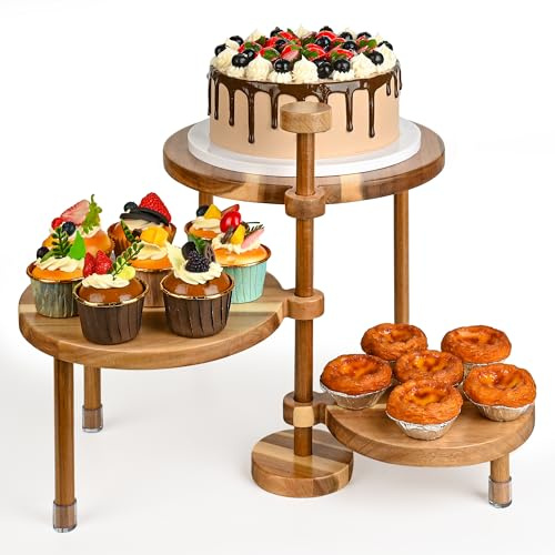 GEHE 3 Tier Round Cupcake Stand, 360° Rotatable Acacia Wood Cake Stand Cupcake Tower, Rustic Wooden Tiered Dessert Table Display Set, Tiered Tray Stands for Birthday, Wedding Party (12-10-8 IN)