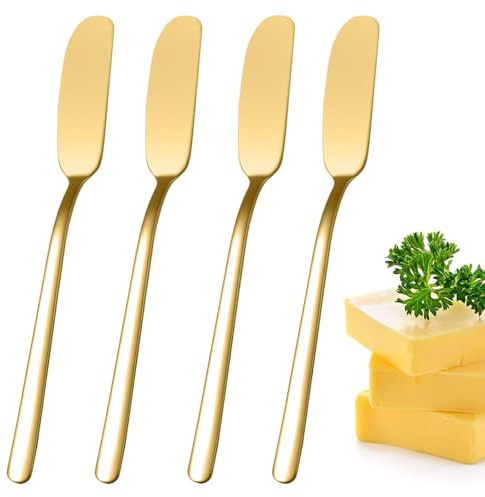 DabbOo 4 Cuchillo Mantequilla Cuchillo de Mantequilla de Acero Inoxidable Butter Knives de Diseño Moderno cuchillo untar Aptos para Lavavajillas Utensilios de Cocina y Comedor (Dorado)