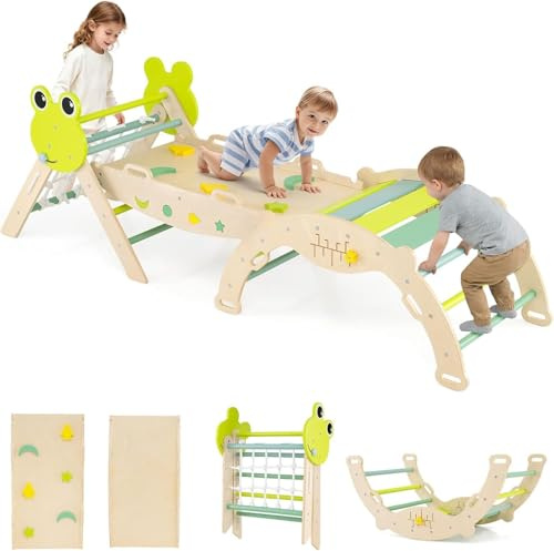 GOPLUS Triángulo de Escalada 8 en 1, Montessori Escalador Infantil Plegable con Tobogán, Estructura de Escalada con Arco, Rampa, Slide Aprendizaje para Niños de 1+ Año, Carga 50KG (8 EN 1,Rana)