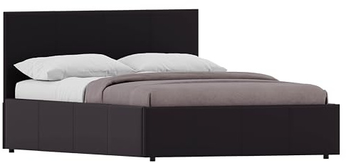 Vida Designs Lisbon Double Ottoman Bed Frame | Brown | 87 H X 144 W x 200 D cm | Faux Leather | Padded Headboard | Low Foot End | Gas Lift | Large Storage | UKFR | Modern Bedroom Furniture