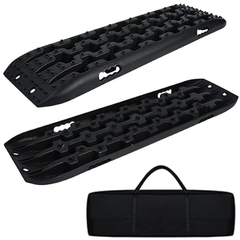 YUENFONG 2 Stück Sandbleche Anfahrhilfe mit Aufbewahrungstasche, Traktionsmatte Recovery Board 10T Last Traktionshilfe, Reifenleiter für Wohnmobil Geländewagen PKW, Schwarz