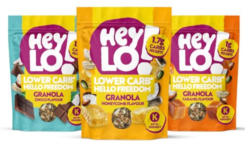 Heylo Keto Breakfast Crunch Granola - 3 x 360g Variety Pack - ONLY 1.7 Gram Carb per Serving - Low Carb Keto Cereal. 1 x Cocoa 1 x Honeycomb 1 x Caramel
