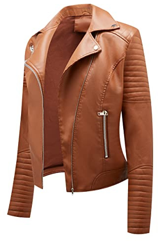 Ladies Faux Leather Jacket Biker Jacket Women Womens Pu Leather Jacket Soft Faux Leather Jackets for Women Fitted Biker Leather Motorcycle Jacket Women Slim Fit Faux Leather Coat Women Camel L