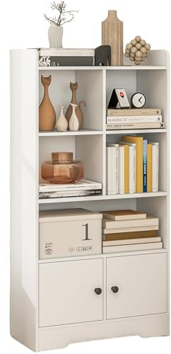 SFAREST 2-Door Bookshelf, Freestanding Bookcase with Storage Cabinet and 5 Cubes, 4 Tiers Wooden Storage Organizer for Home Office Library, White (White)
