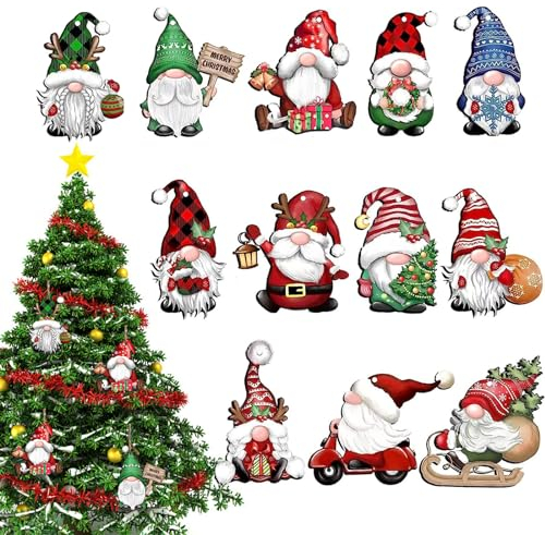 KASESSS 12 Pezzi Ciondoli Legno Natale, Babbo Natale e Gnomi Decorazioni per la Casa, Pendenti Appendere, Addobbi Albero con Corda