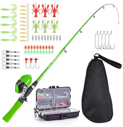 Lixada Kids Fishing Rod and Reel Combo Full Kit 1.5m Telescopic Fishing Casting Rod Spincast Reel Set with Hooks Lures Barrel Swivels Storage Bag (Green)