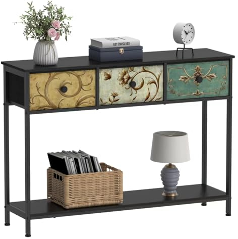 VEDECASA Konsolentisch Beistelltisch mit 3 Stoffschubladen Flurtisch mit Offenen Ablagefächern Eingangtisch Sofatisch für Flur Wohnzimmer Schlafzimmer Holz Metallrahmen einfache Montage (Schwarz)