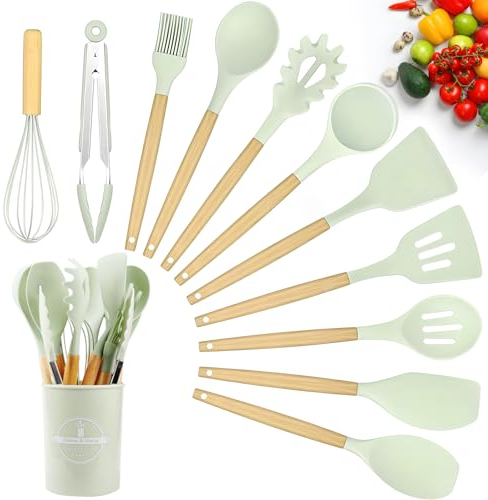 Jeinbuil Küchenhelfer Set 12-teilig Silikon Kochutensilien Kochbesteck Set Antihaft Kochset Küchenutensilien Hitzebeständiger Kochgeschirr mit Holzgriff Spülmaschinenfest