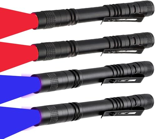 MVIOCS Rödblå LED-ficklampor 4-pack, svarta lampor med hög lumen och rött ljus pendellampa, multifunktions LED-fickpennlampa, för camping, mörkerseende, fiske, detektor