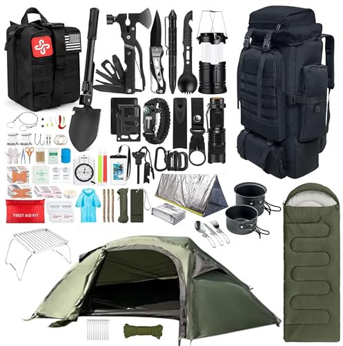 Mochila de escape, Pack Supervivencia, Equipo de Emergencia, Juego con Mochila Táctica de 70 Litros, Tienda de Campaña, Saco de Dormir, Kit de Primeros Auxilios, Utensilios de Cocina de Camping