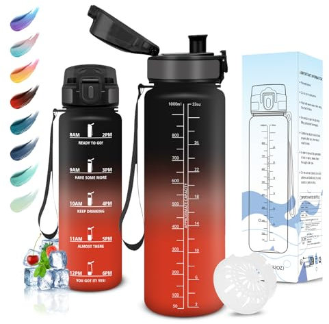 Motswedi Gourde Sport, 1000ml sans BPA, Bouteille d'eau, Étanche & Réutilisable, Gourde, avec Marqueur de Temps et Filtre, Gourde pour Enfant, Adulte, Sport, Yoga, Gym, Camping, Randonnée, Noir Rouge