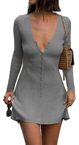 GCZREN Women Sexy Deep V Neck Button Front Knit Mini Dress Elegant Long Sleeve Ribbed Flowy Hem A-Line Short Dresses(S,Grey)