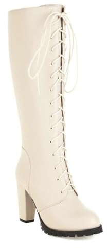 Beige,9 UK,Womens Lace up Knee High Boots Round Toe Chunky Block Heel Tall Boot Leather PU Long Boot Fall Winter Party Style Dress Shoes