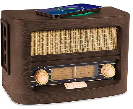 Fuse Vint Vintage Wood Retro Radio | Wireless Charging Pad | AM/FM Radio Speaker with Bluetooth & AUX Input | Mid-Century Modern Design | Handcrafted Ashtree Wood Exterior