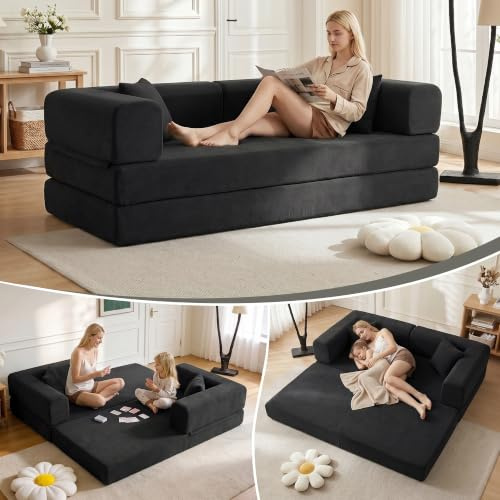 Yihomfy Canape Convertible,Canape Modulable Interieur,Canape Lit 2 Places Convertible,Canapé Lit en Velours Côtelé, Sofa Moderne et Canapé Compressé avec Coussins,DIY Libre Canapé pour Salon,Noir