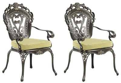 Beliani Lot 2 Chaises de Jardin en Aluminium Marron Doré Vieilli avec Coussins Verts Design Vintage Rétro Idéales pour Extérieurs Classiques