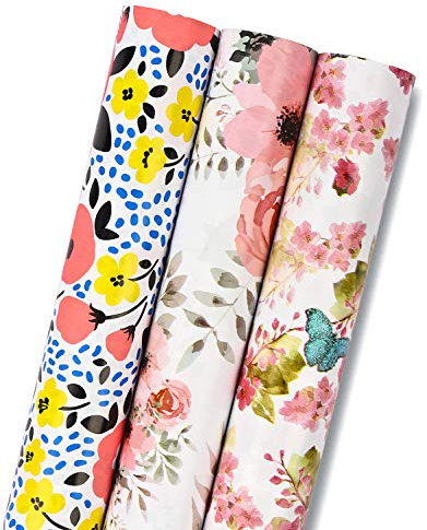 RUSPEPA Geschenkpapierrolle - Mini Roll - 3 Verschiedene Blumen- Und Schmetterlingsmuster (42,5 sq. ft.ttl.) - 43,2 cm X 3,05 m Pro Rolle