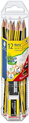 STAEDTLER Bleistift Noris 120, Made from Upcycled Wood, Härtegrad HB, Rutschfeste Soft-Oberfläche, Set mit 12 Bleistiften, 1 Spitzer, 1 Radiergummi, hohe Qualität Made in Germany, 61 120P2