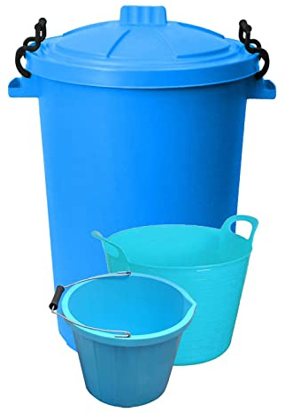 (Set of 3) 50L Litre Heavy Duty Clip Lock Lid Rubbish Bin Dustbin /3 Gallon 14 Litre Plasters Builder Bucket and 20 Litre Flexible Plastic Storage Container Bucket Tub Trugs Horse Feeder (Sky Blue)