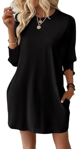 Dokotoo Womens Dresses Summer 2025 Fashion 3/4 Sleeve Elastic Smocked Crewneck with Pockets Solid Color Spring Casual Women's Mini Dress Black L