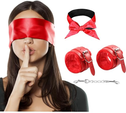 Maschera per gli occhi in raso - Set per dormire con benda - Manette in raso morbido - Maschera per gli occhi oscurante - Manette regolabili - Unisex - Set 2 pezzi morbido e regolabile-B192 (Rosso)