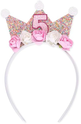Rosa födelsedagskrona, 5-årsdekorationer för flickors prinsessfest, glitterprinsesskrona för flickor, festpannband för barn