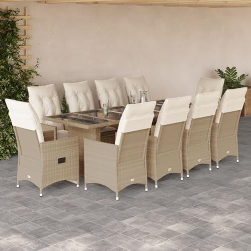 11-TLG. Set bistrò da giardino beige polyrattan, poltrona relax regolabile, grande tavolo da pranzo con piano in vetro temperato, resistente ai raggi UV, per balcone, terrazza, giardino