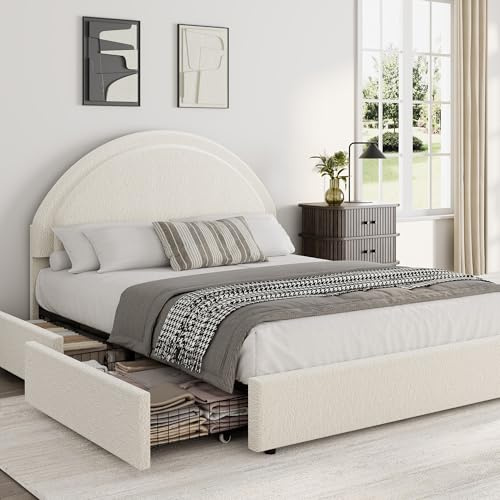 Garvee Queen Size Bed Frame with Storage Drawers, Upholstered Boucle Platform Bed with Round Headboard, Heavy Duty & Noise Free, No Box Spring Needed, Beige