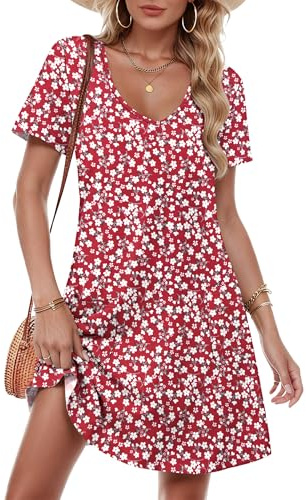 MOLERANI Women's Summer Dress - Short Sleeve V Neck Sundress Casual Dress with Pockets Flower Red 2XL
