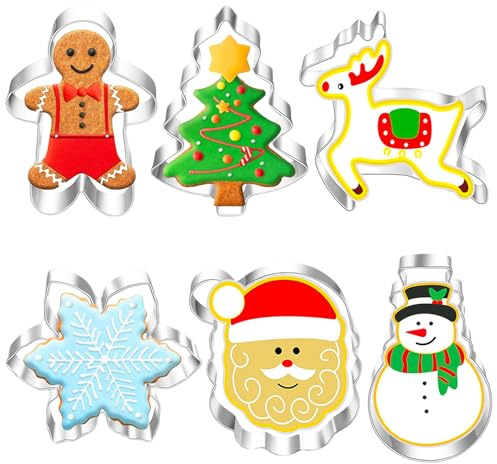 Lot de 6 Emporte Pièces Noël, Acier Inoxydable Moule à Biscuits Cookies, Bonhomme de Pain d'épices, Flocon, Renne, Arbre de Noël, Bonhomme de Neige, Visage du Père Noël les biscuits, Petits Moule Noel