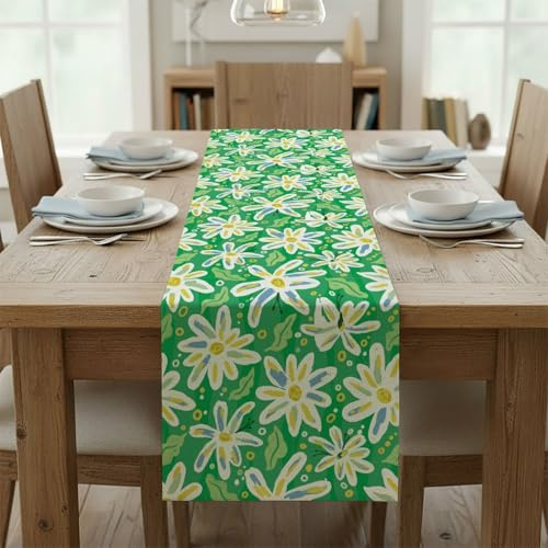 White Daisies Yellow Centers Green Leaves Table Runner Table Turner for Dining Seasonal Runners Spring Decorations Spring Floral Theme Decor for Home Kitchen Dining Holiday Decor 13 × 70 inch