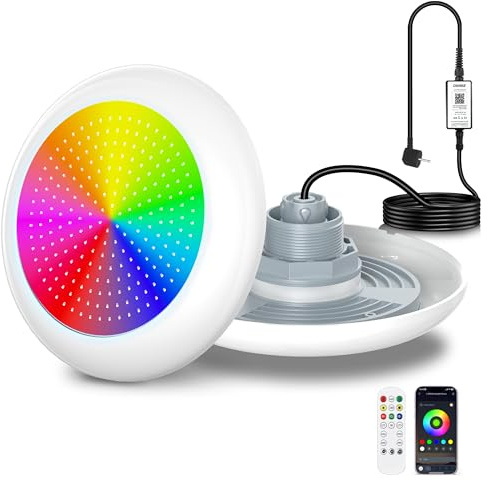 OSREE 25W Foco LED Piscina con Rosca 2, RGB Lámpara Piscina para Piscinas Elevada Acero, Control APP y Timer, 12V AC Proyector Relleno de Resina Impermeable IP68 Luz Sumergible con Cable 9,5m