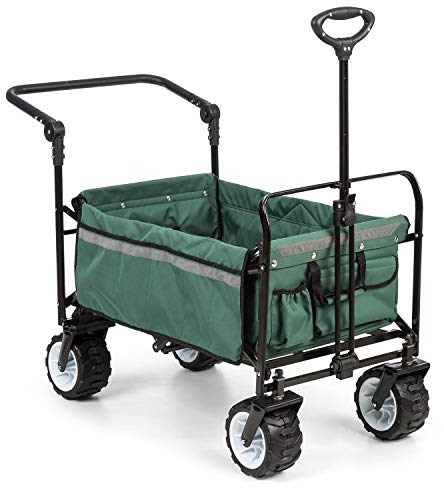 Waldbeck Easy Rider - Bollerwagen, Handwagen, bis 70kg, robuster 600D Polyesterbezug, 2 Sicherheitsgurte für Kinder, Teleskop- / Schubstange, extrabreite Reifen: Edition 2.0, grün