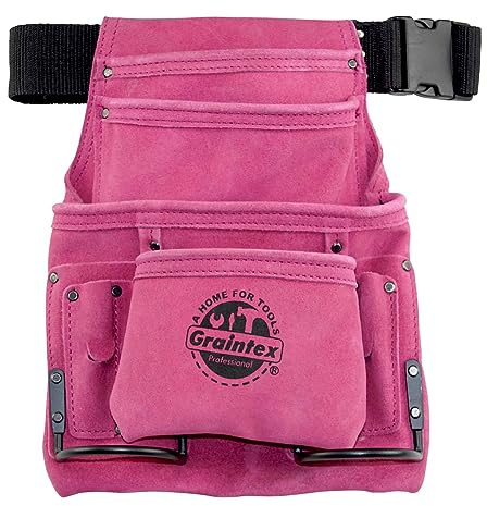 Graintex SS2186 10 Pocket Nail & Tool Pouch Pink Color Suede Leather with 2â€ Webbing Belt for Constructors, Electricians, Plumbers, Handymen