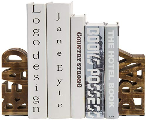 MyGift Book Ends Christian for Shelves, Wood Bookends Carved in Read and Pray Block Letters, Decorative Book Stands for Home Library Bookshelf Office Desk, Rustic Burnt Brown, 2 Pcs Set