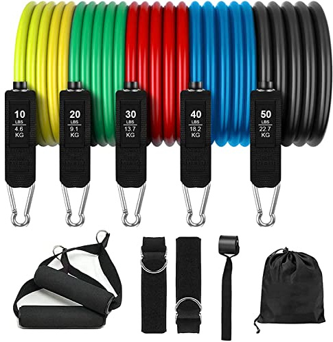 Elastici Fitness Set 5 Resistance Band 150LB Ancore Maniglie Passanti per Piedi Corda,Saltare,Allenamento Forza Costruzione muscolare Pilates,giallo,verde,rosso,blu,nero,‎20.5x16x12 cm