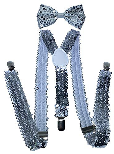 NiceYnn Bretelles avec Nœud Papillon Suspensions Larges Réglable Élastique Extra Fort 3 Clips en Forme Y Paillette Argenté