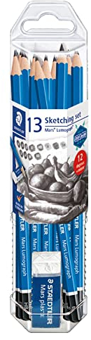 STAEDTLER Mars Lumograph 13pc Drawing Pencils & Eraser Set: 12 Hardness Grades 8B-2H, Mars Plastic Eraser, Pre-sharpened, Art Supplies for Drawing, Shading, Drafting & Illustrating, All Skill Levels