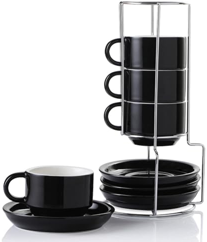 Sweejar Home Ceramic Espresso Cup Set of 4, 120ml Stackable Cappuccino Cups with Saucers and Metal Stand, Porcelain Mug for Coffee Drinks, Latte, Tea (Black)